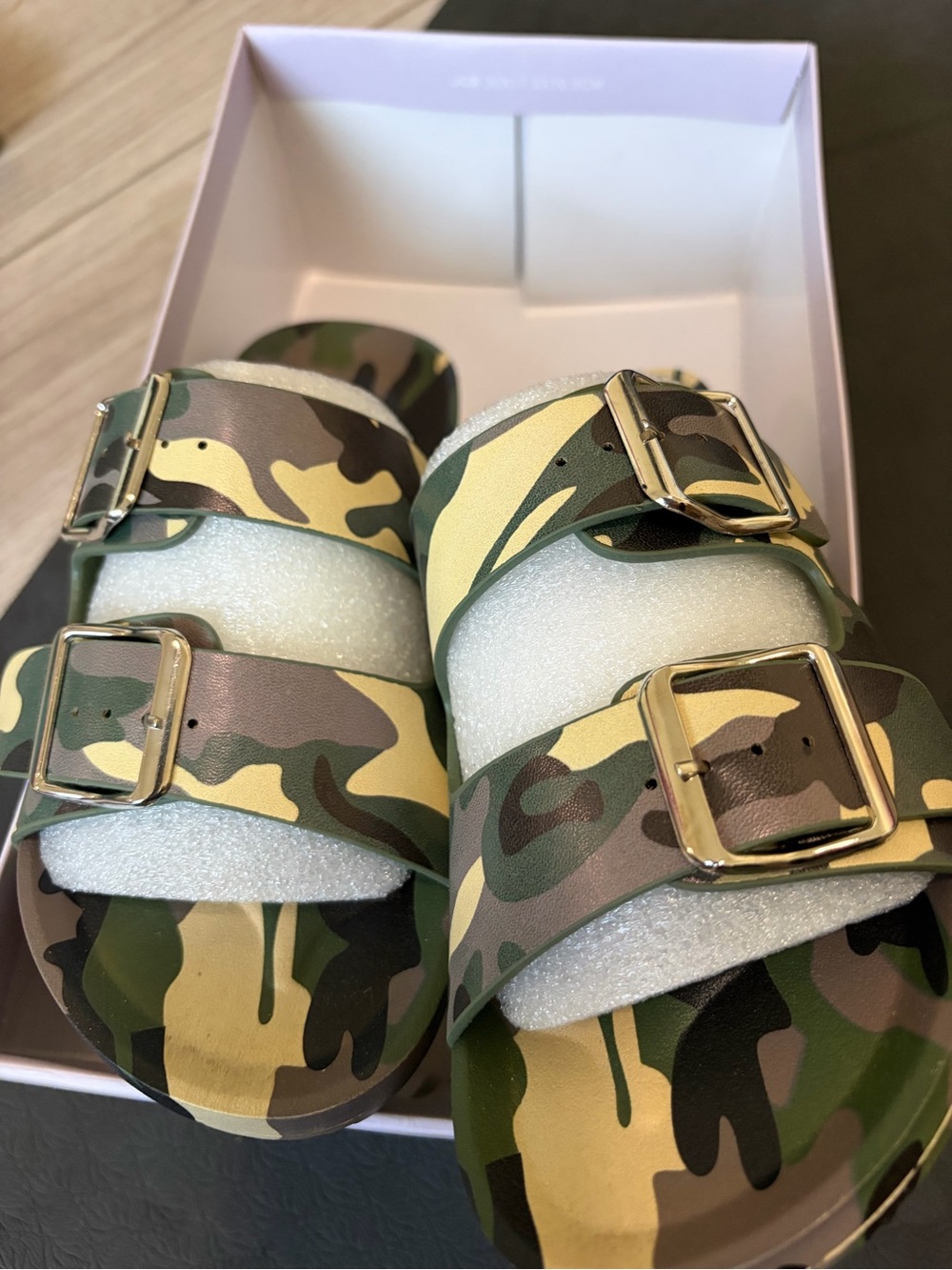 Madden Girl Camo Double Buckle Slide Sandals in Green/Brown/Black